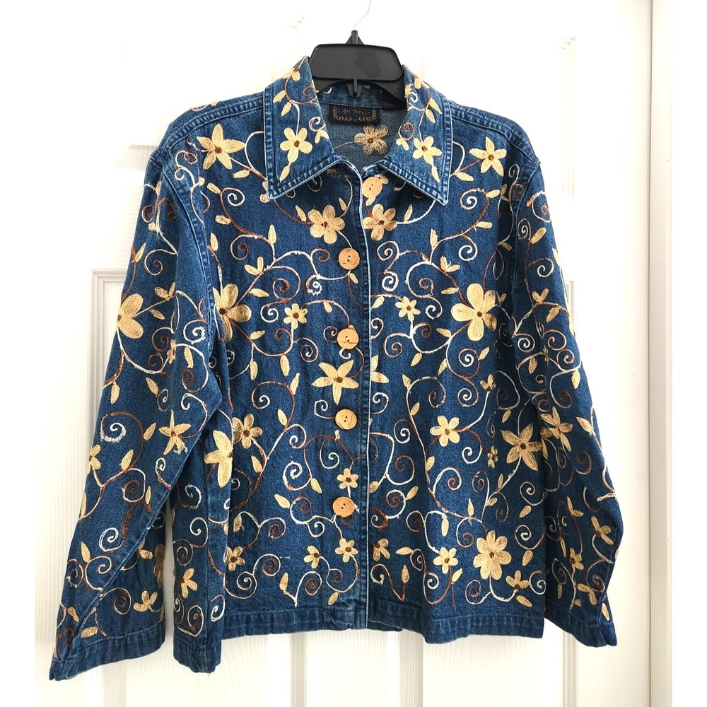 LIFE STYLE Womens Denim Button Up Jacket Gold Embroidered Floral Design Sz Small
